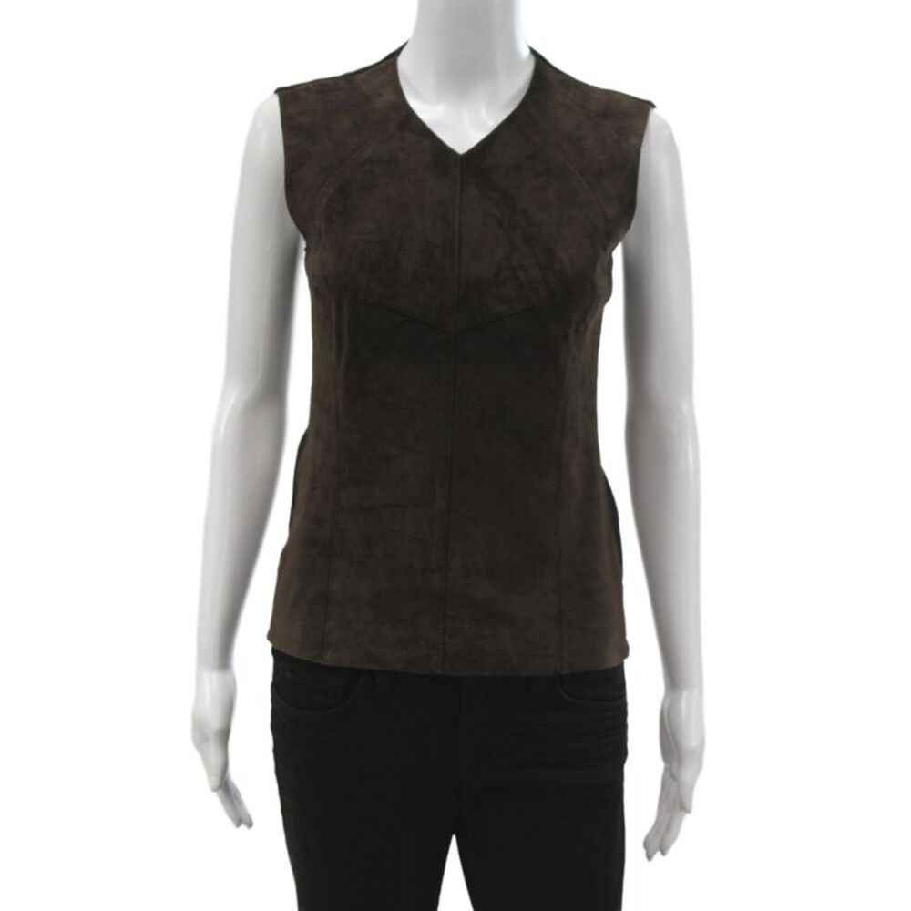 Derek Lam Womens Calfskin V-Neck Sleeveless Black Basic Tank Zip Size 2
